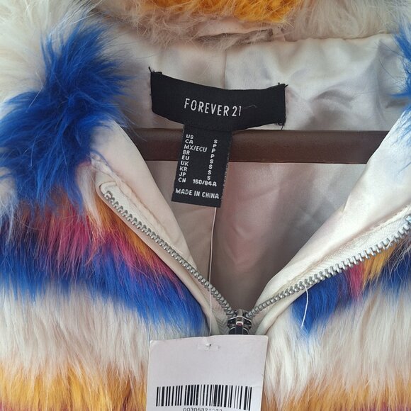 Forever 21 faux fur zip-up jacket in a multicolor striped pattern. - Picture 4 of 5